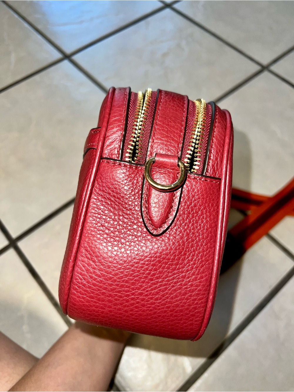 Coach Pebbled Leather Crossbody Bag in dark red with Striped crossbody Strap - Picture 5 of 10